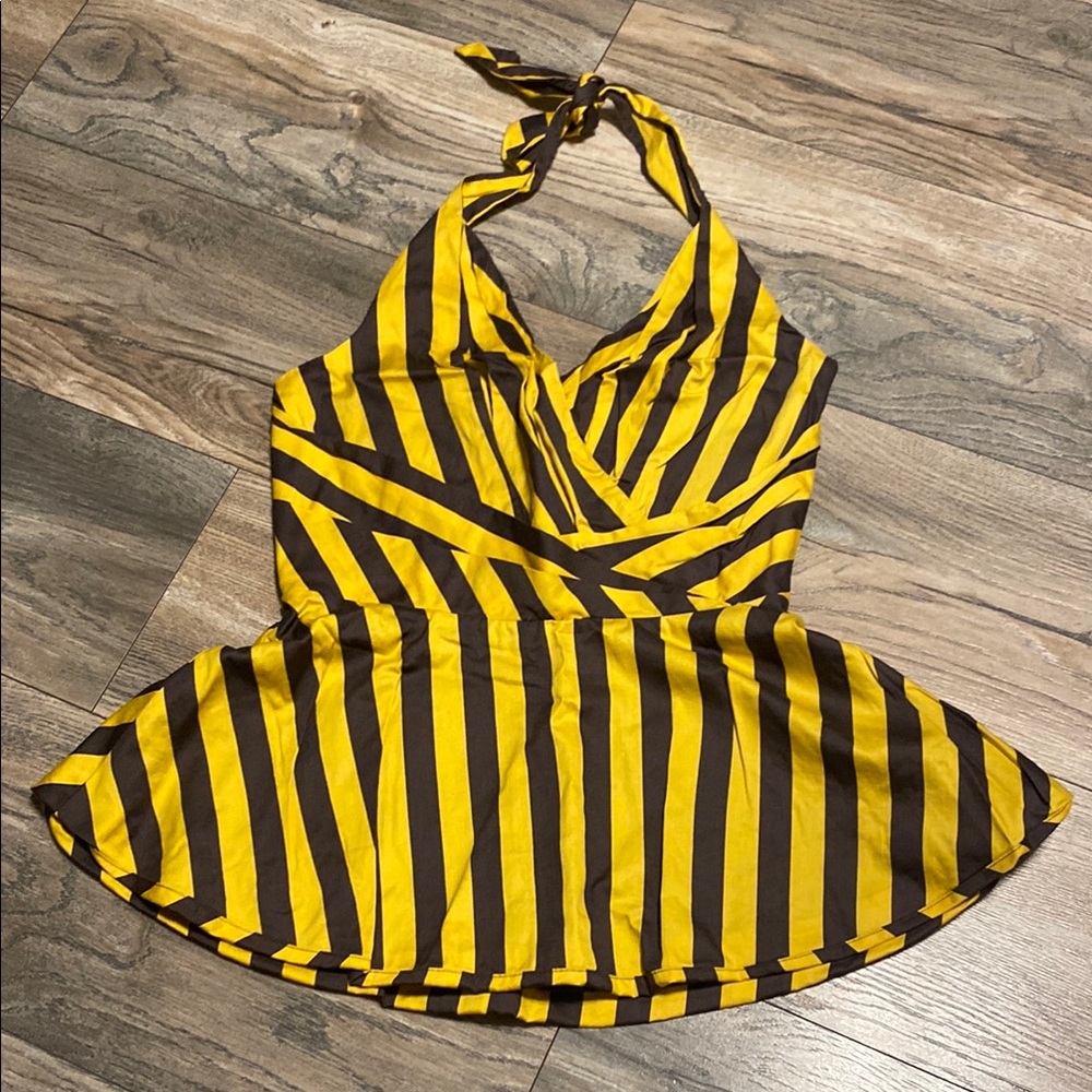 Odille Yellow and Black Striped Halter Peplum Tank